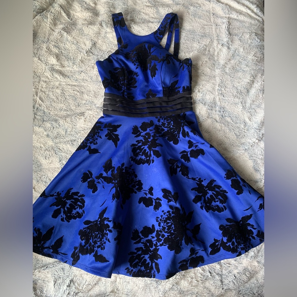 City Studio blue dress with black flowers. Size three.